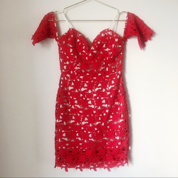 J.O.A. Off The Shoulder Lace Dress in Red - Picture 3 of 7